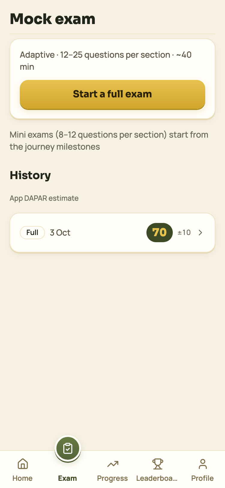 The exam tab with the history of mock exams