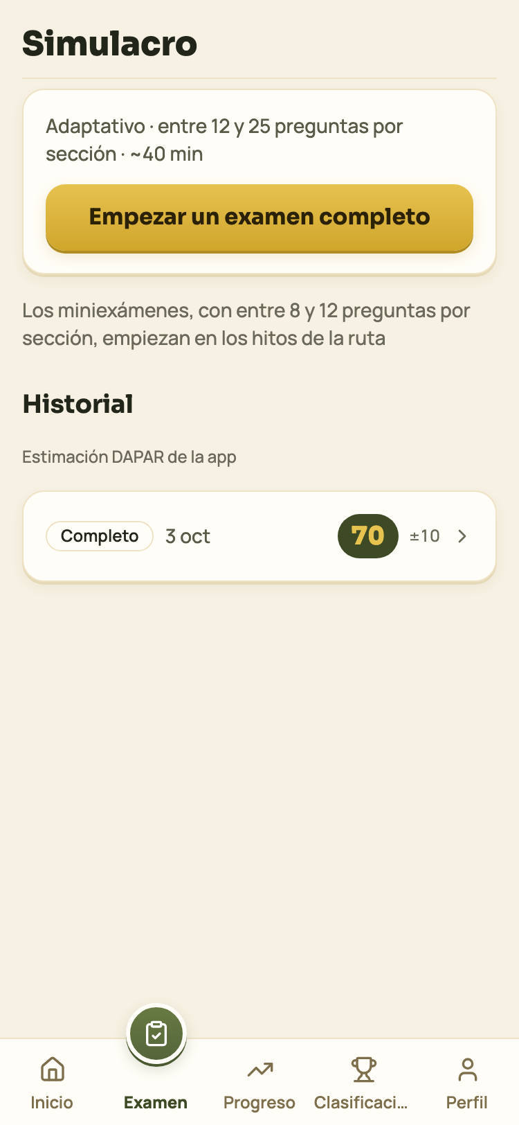 La pestaña de exámenes con el historial de simulacros