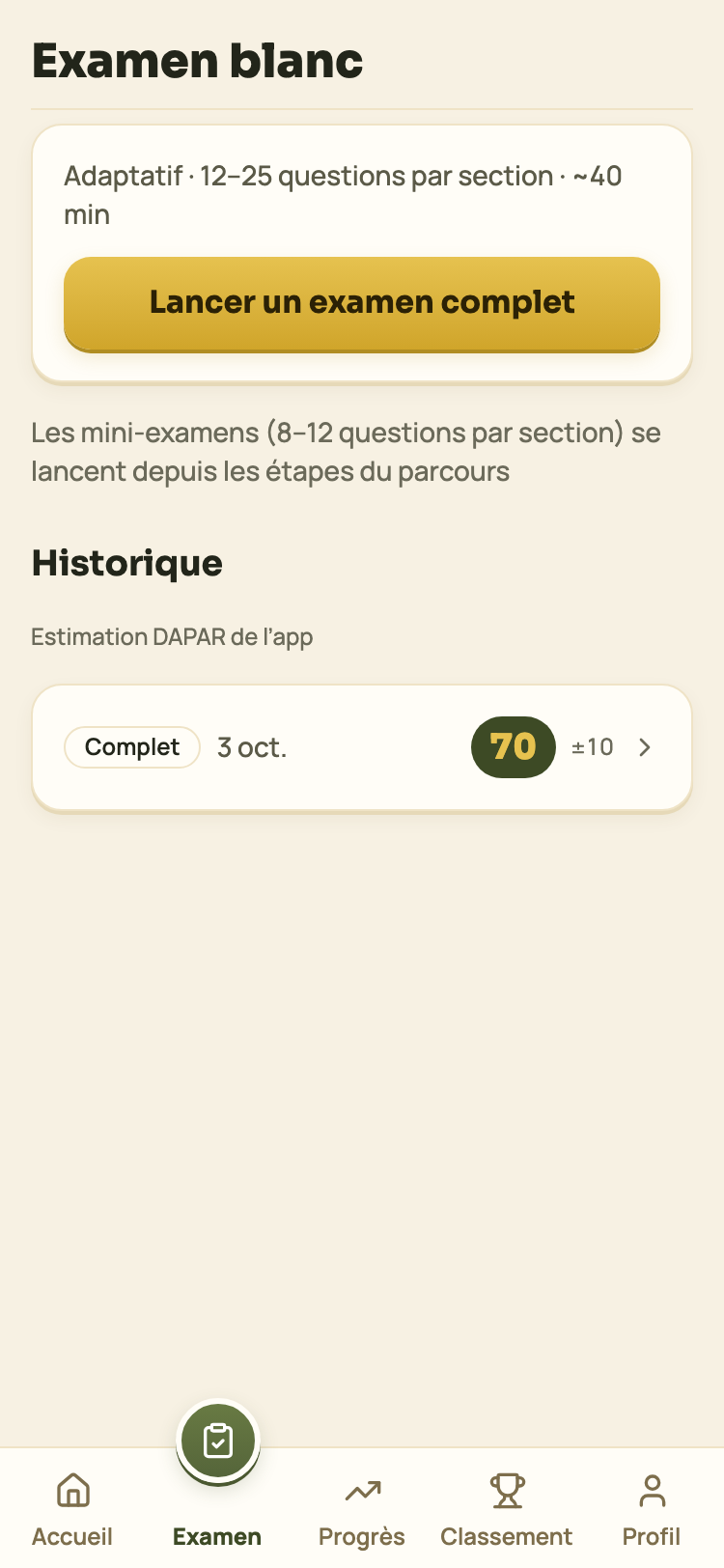 L'onglet examens avec l'historique des simulations