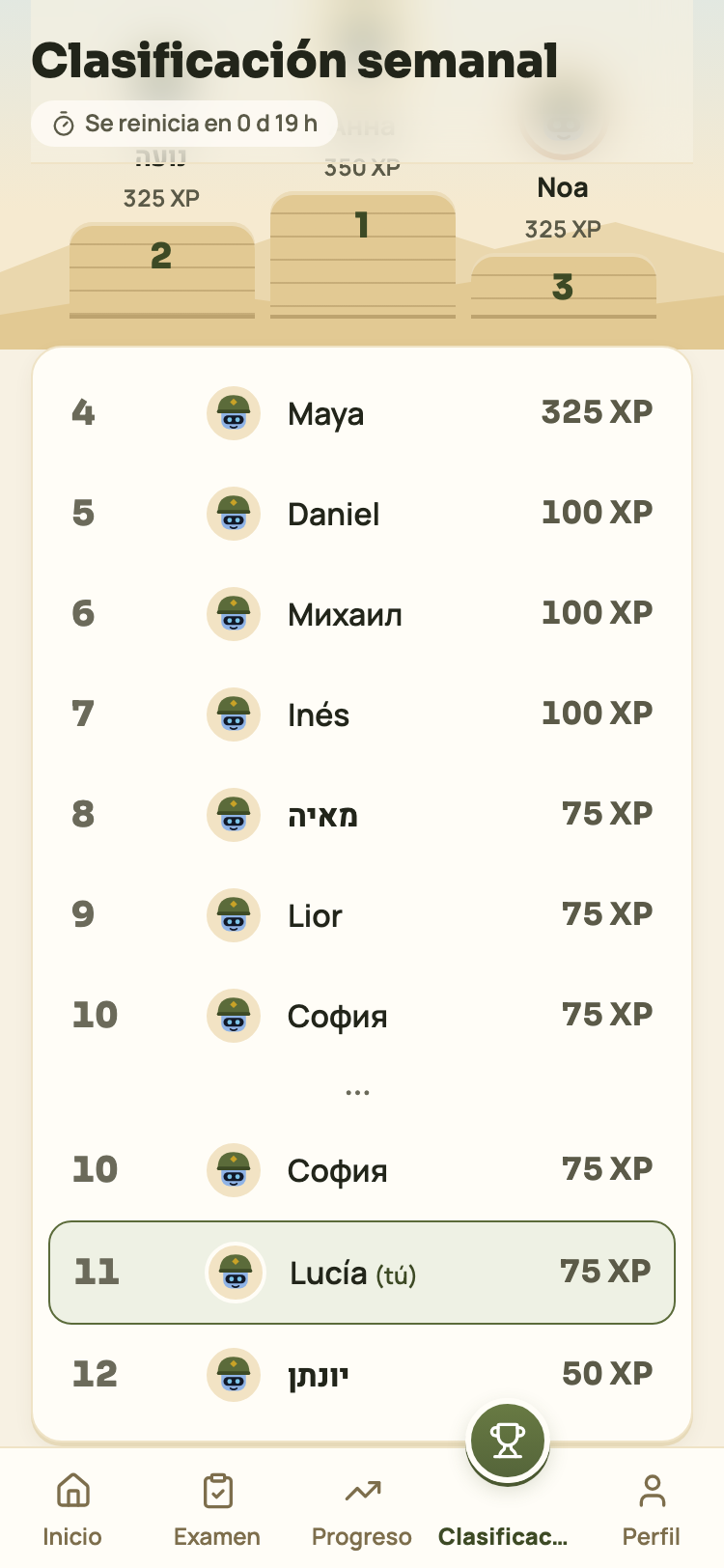 Pantalla de la clasificación semanal