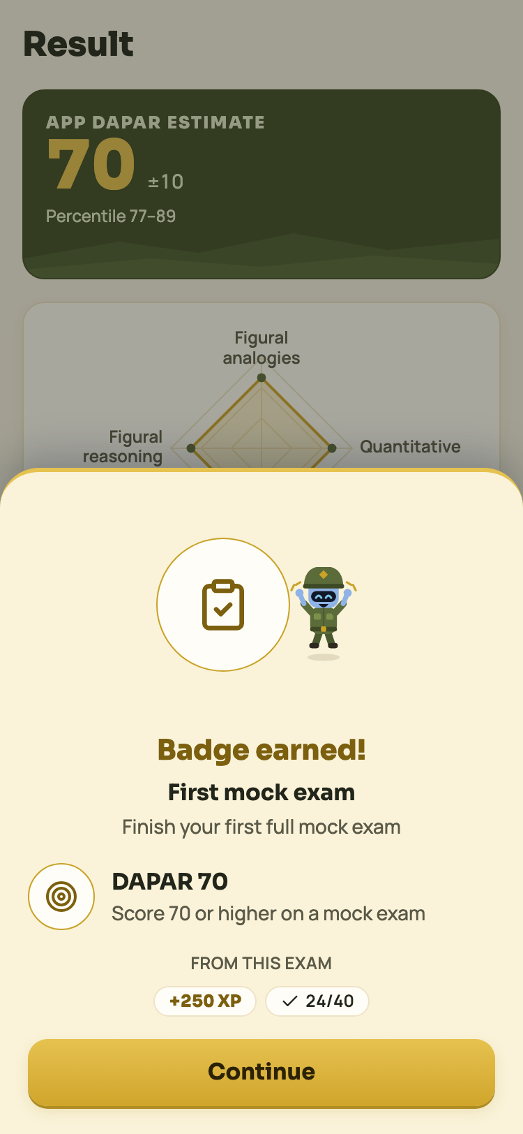 The mock exam result screen with the 10–90 estimate