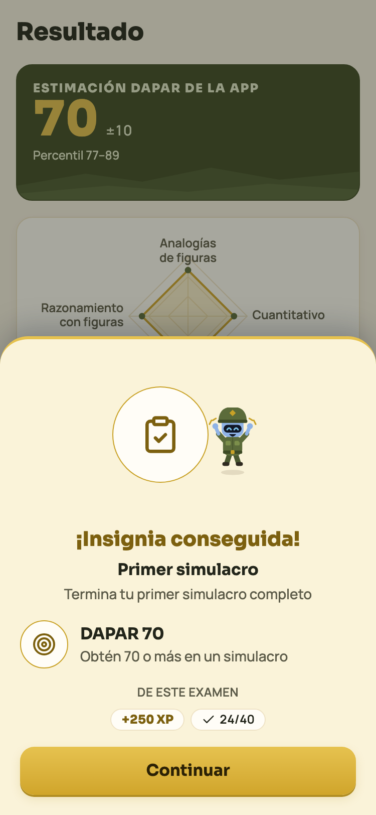 Pantalla del resultado del simulacro con la estimación de 10 a 90